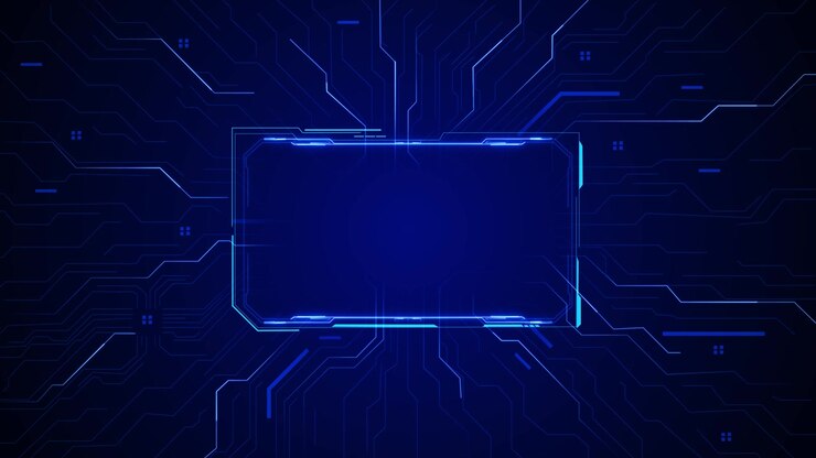 Sfondo tecnologico con cornice a circuito blu, pannello rettangolare luminoso, tracce elettroniche scure, digitale.
