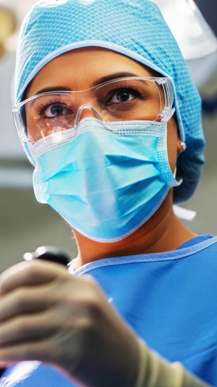 Profissional de saúde dedicado, vestindo equipamentos cirúrgicos, focado na precisão durante um procedimento crítico, com confiança e cuidado com o bem-estar do paciente