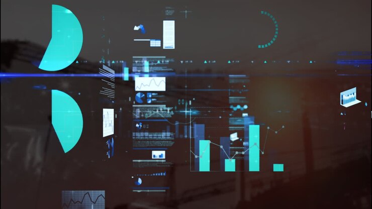 Animation of screens with statistical data processing and blue light trails over construction site
