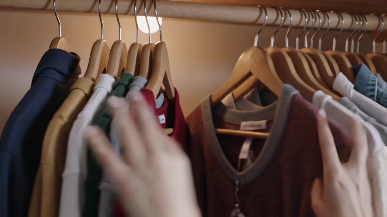Entrando nell'inquadratura, mani che scorrono lungo le grucce di legno nell'armadio, controllando etichette e trama per scegliere l'outfit.