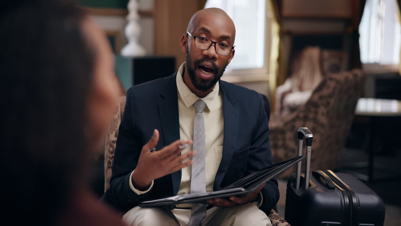 Business meeting in a hotel lobby