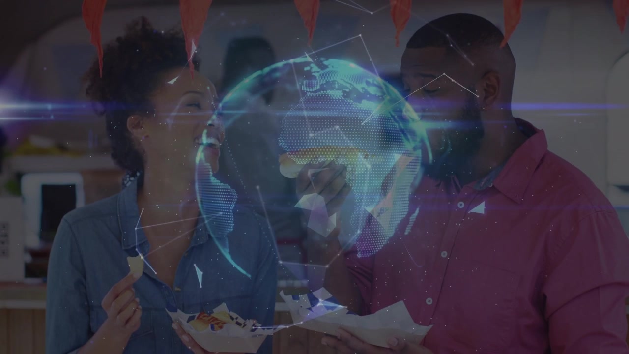 Couple Eating Street Food with Digital Globe Overlay