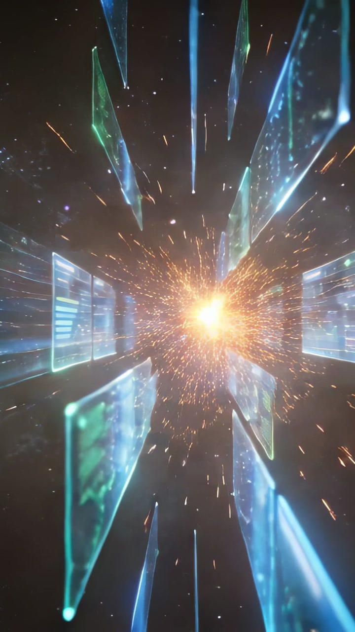 Vertical video: Reacting to burst, data holograms streaking through deep space, emitting particles