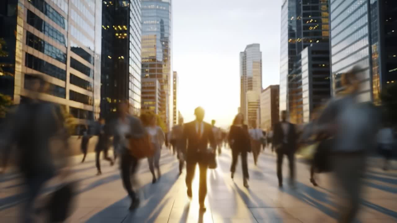 A lively urban environment comes alive as people hurry down a bustling street, illuminated by the warm glow of sunset. Tall skyscrapers surround the area, reflecting golden light while pedestrians of all kinds navigate through the vibrant scene. The atmosphere is energetic, filled with the sounds of