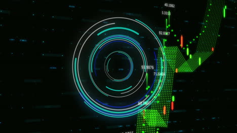animación de un escáner redondo de neón sobre el procesamiento de datos financieros contra un fondo negro