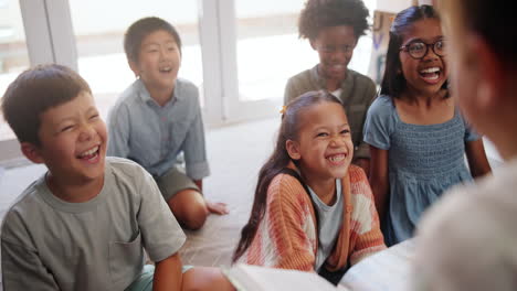 children listening to a story in a classroom