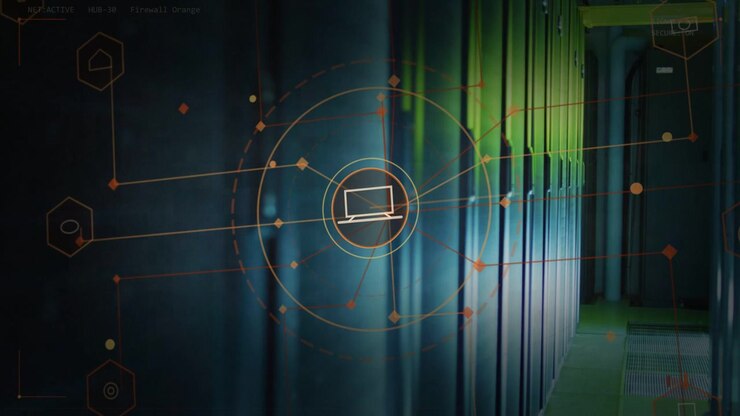 HUD fading on racks after scan, laptop sending nodes spinning out, camera panning right showing map