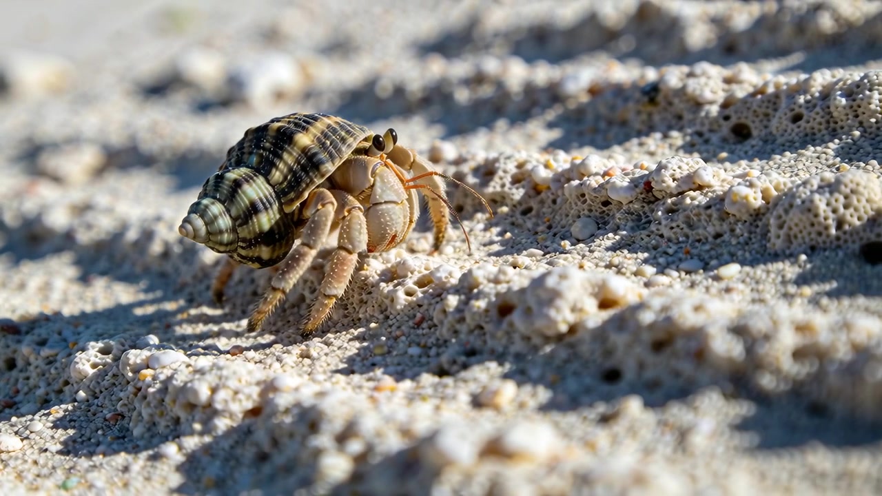 Crawling hermit crab antennae probing path, climbing coral sand ridge at beach with striped shell