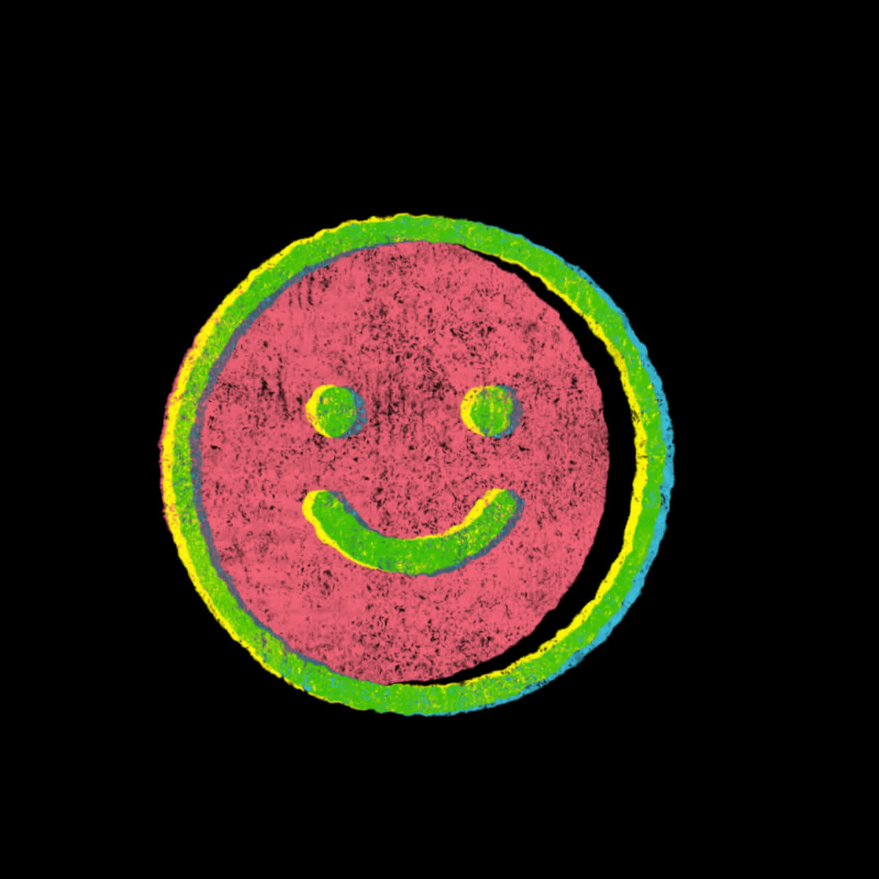 Vivace disegno a gessetto di un'emoji a faccina sorridente.