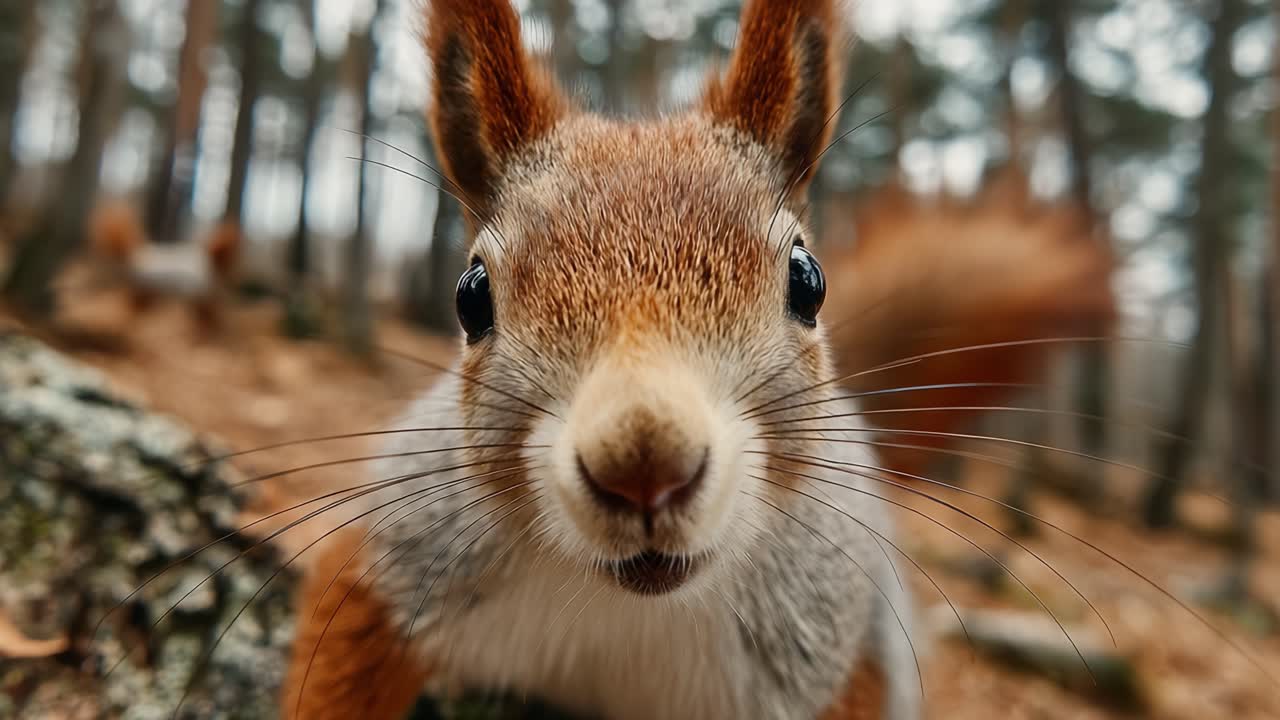 Ciekawa wiewiórka zbliżająca się z zaciekawieniem w leśnym środowisku, uchwycona w bogatych detalach, podkreślających jej wyraziste cechy i naturalne siedlisko.