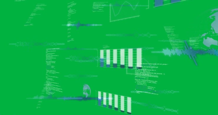 Digital animation of digital interface with data processing against black background