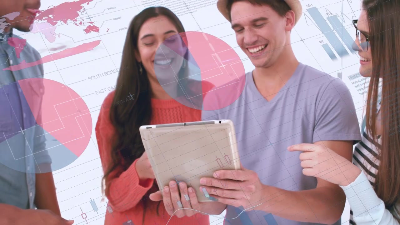 Animação de dados e gráficos diversos sobre diversos trabalhadores e trabalhadoras felizes usando tablet