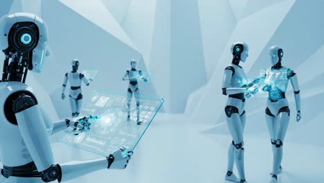 a futuristic assembly of robots interacting with holographic displays in a sleek, minimalistic environment, showcasing advanced technology and coordination