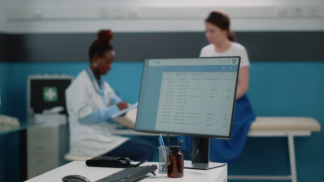 Medical clinic interior with doctor and patient