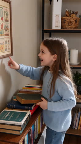 a happy young girl exploring books and an educational poster on a bookshelf at home