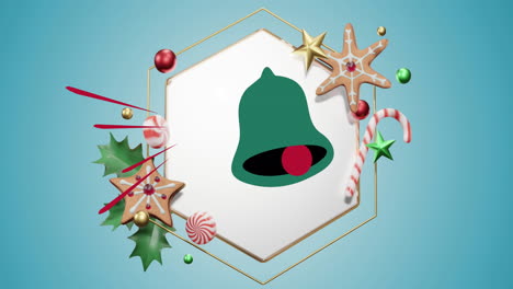 animation of christmas green bell in frame with decoration on blue background