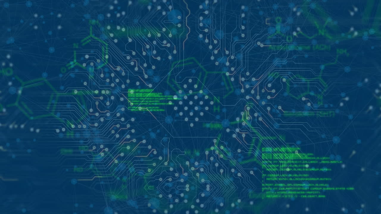 Animation of microprocessor connections and chemical structures over network of connections