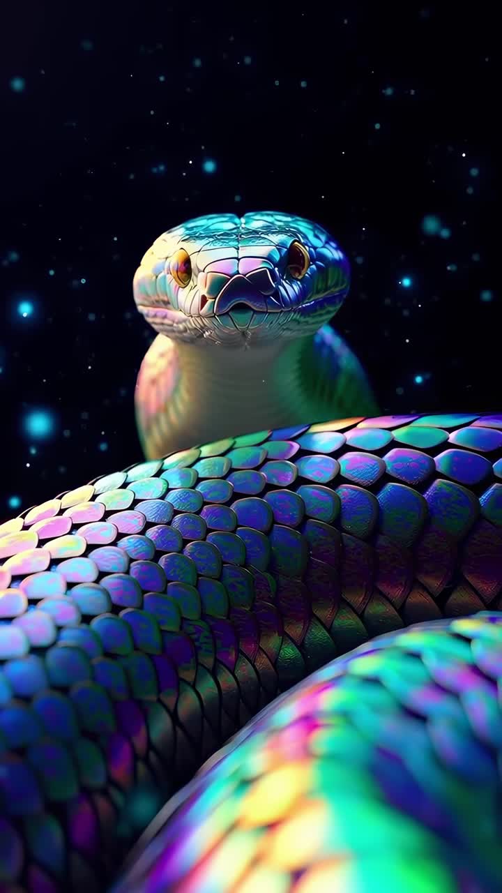 Angolazione ravvicinata di un video di un serpente vibrante e iridescente su uno sfondo scuro e stellato, Live mobile