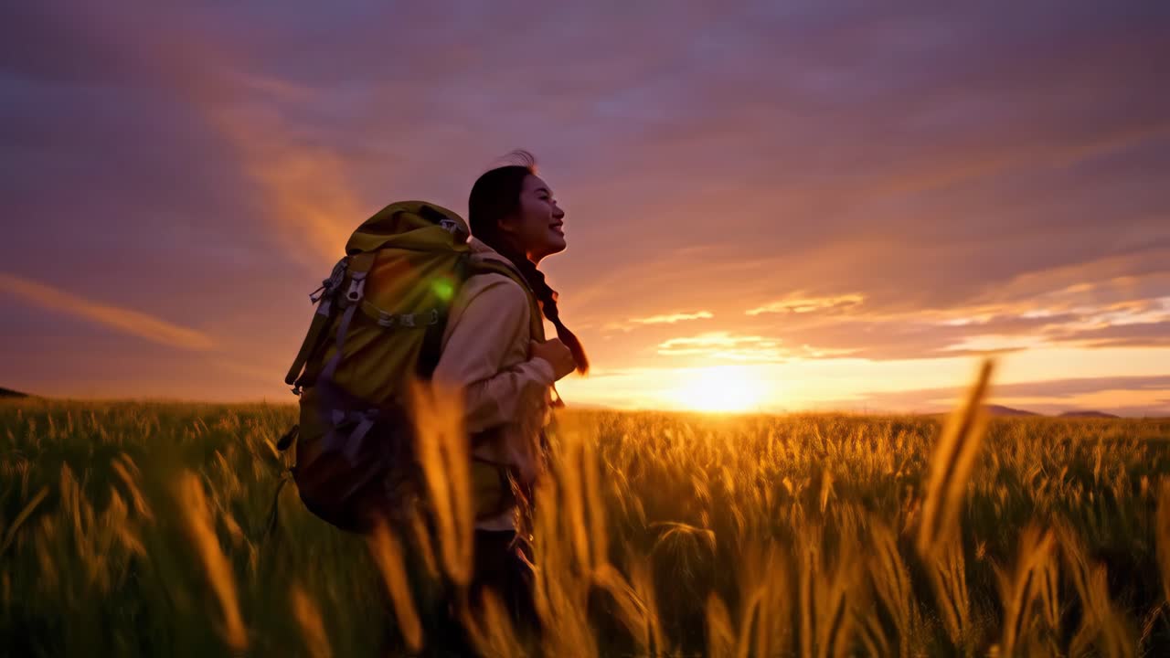 Hiker with Backpack at Sunset