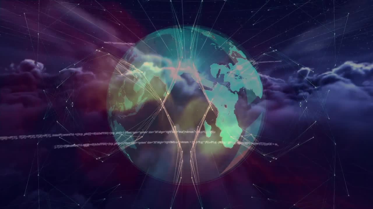 Animation of data processing and globe over clouds on black background