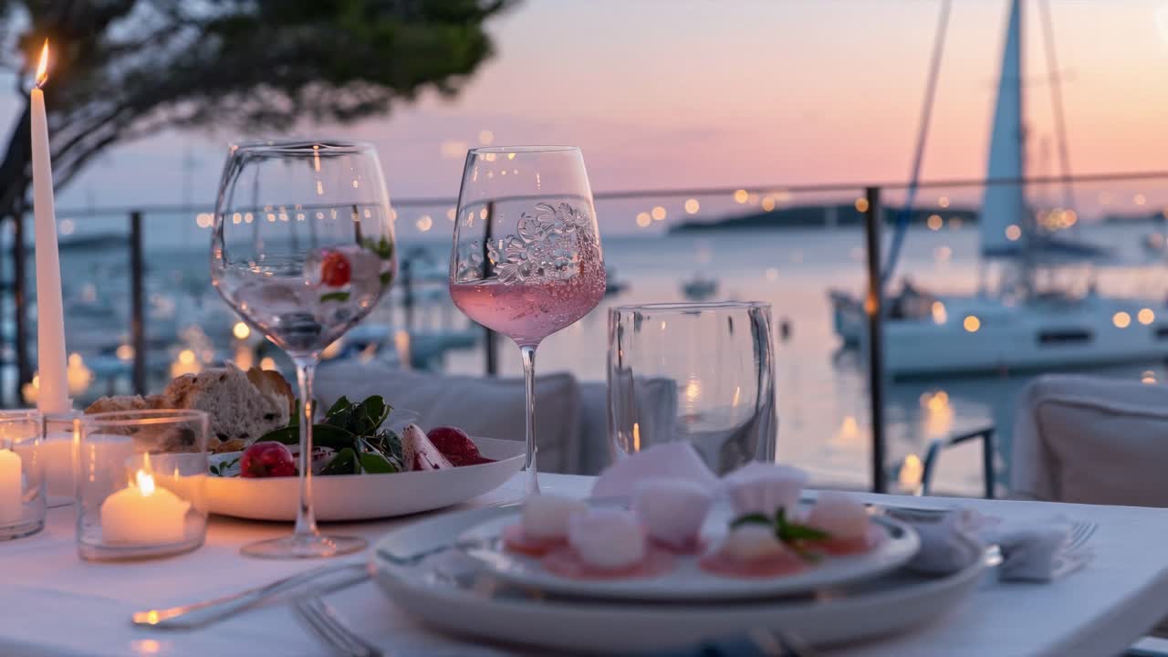 Beautifully arranged table with wine glasses, candles, and delicious food is set for a romantic dinner, overlooking a picturesque marina during a breathtaking sunset
