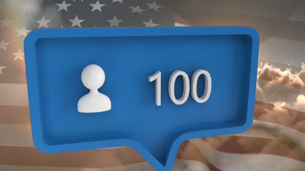 Animation of people icon with numbers on speech bubble with flag of usa