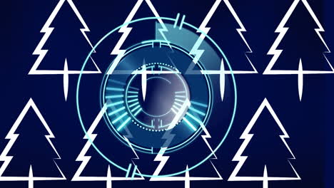 animación de la exploración del alcance sobre puntos rojos e iconos de árboles sobre fondo azul