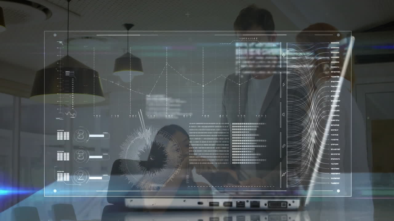 Business team gathering around laptop in modern conference room, viewing floating data graphs