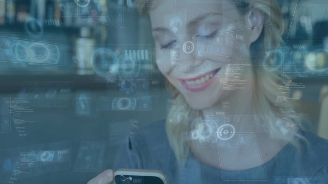 Woman tapping smartphone screen in cafe, smiling and causing HUD overlay displaying tech alerts