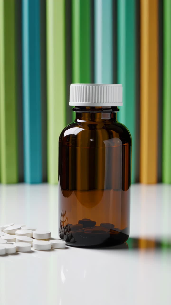 Hand holding a medicine bottle with pills