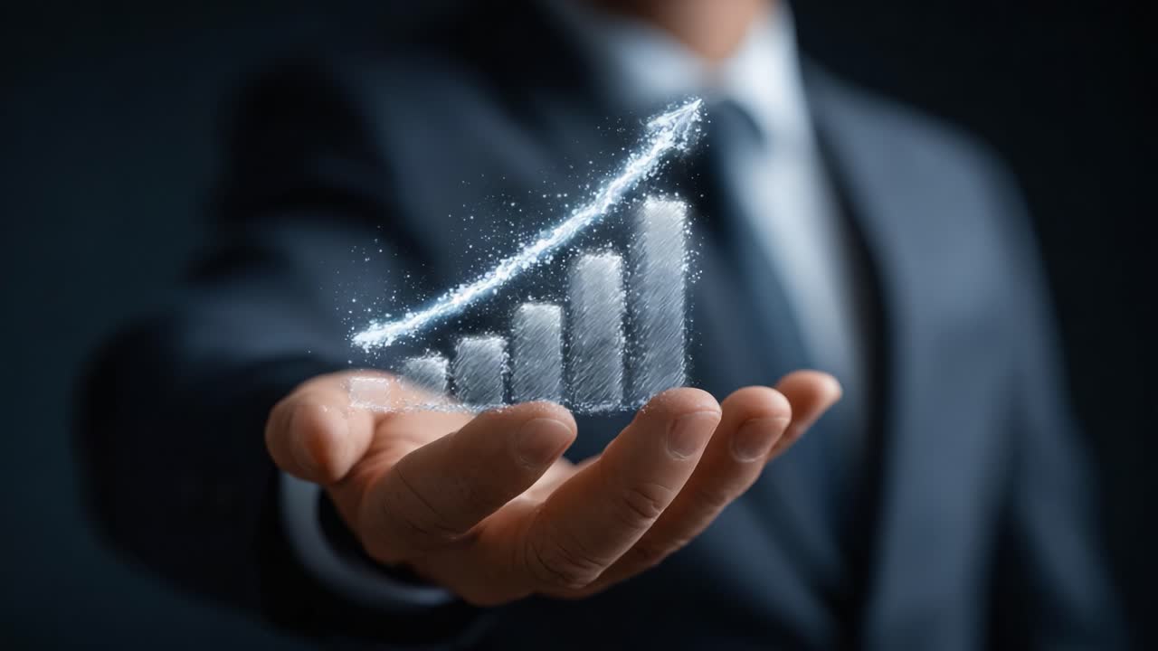 A Business Professional Presenting a Visual Representation of Growth Trends and Data Analysis through Futuristic Graphs and Chart Models in a Dark Environment