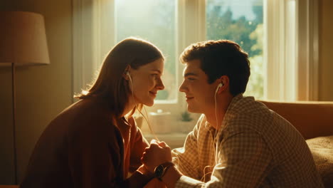 a couple sharing earphones and a tender moment