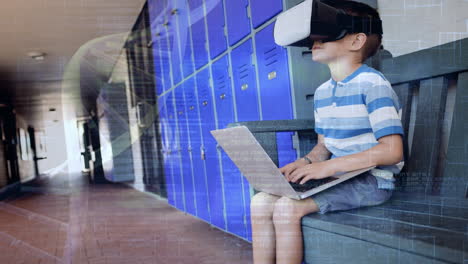 using laptop and wearing vr headset, child sitting on bench over digital data