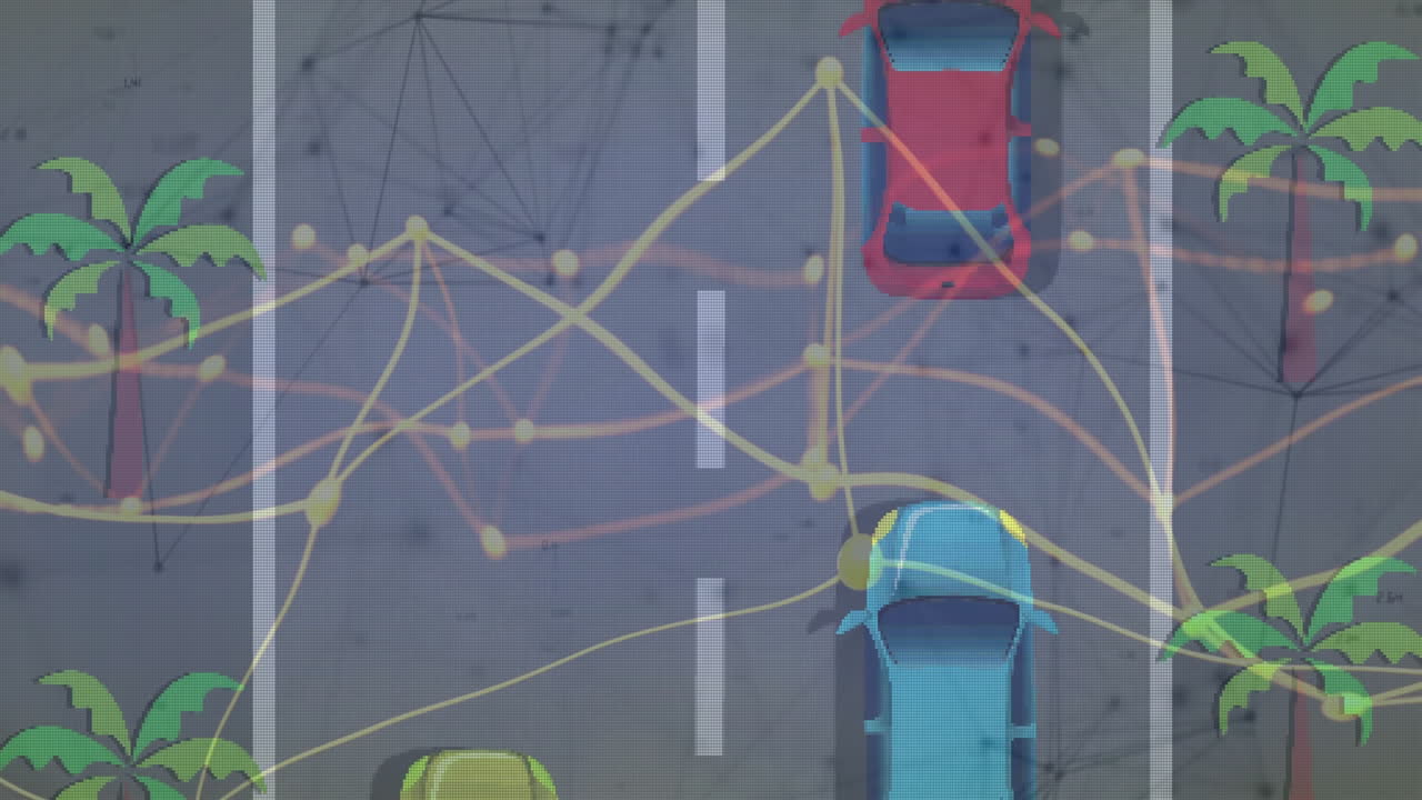 Cars on road with data processing animation overlaid, showing network connections