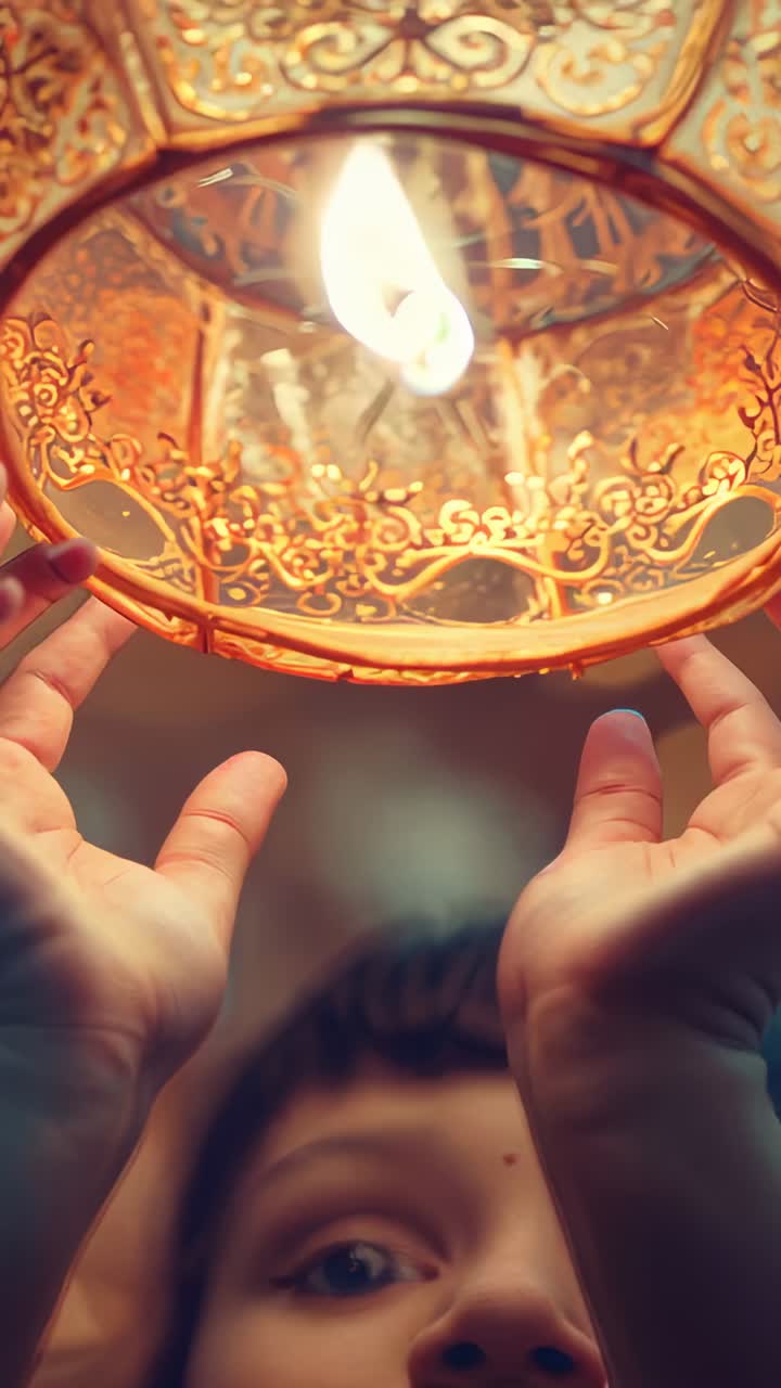 Vertical video: Noticing flame flicker, child steadying gold lantern in warm room, with filigree