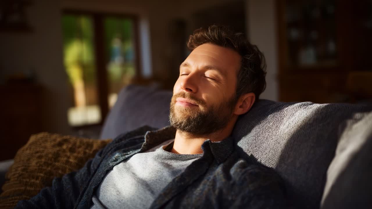 Un uomo si gode un momento di relax su un comodo divano, crogiolandosi nella calda luce del sole, con un'espressione serena che irradia tranquillità e appagamento.