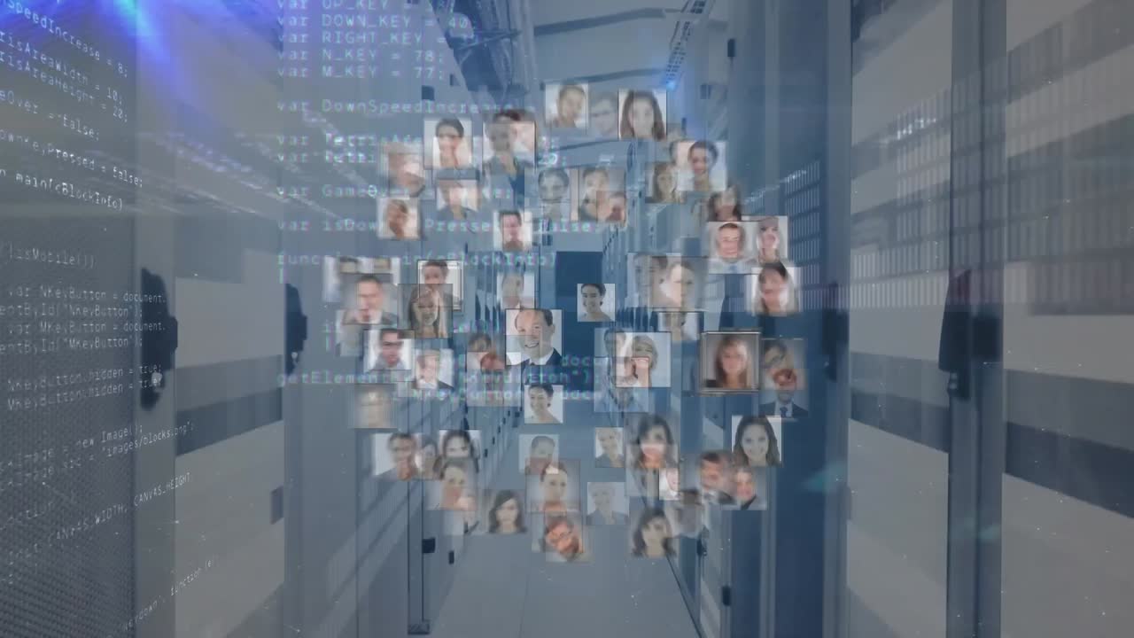 animación de iconos de personas y procesamiento de datos en la sala del servidor