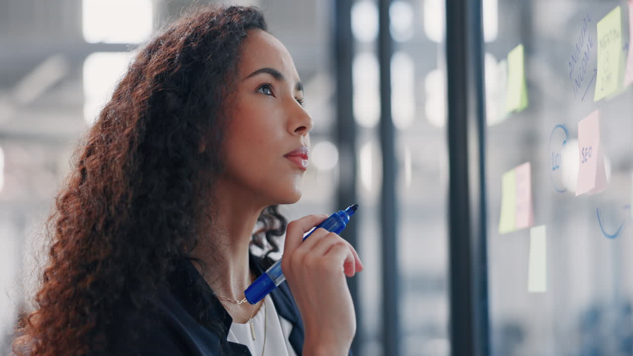 Business woman, thinking and planning schedule