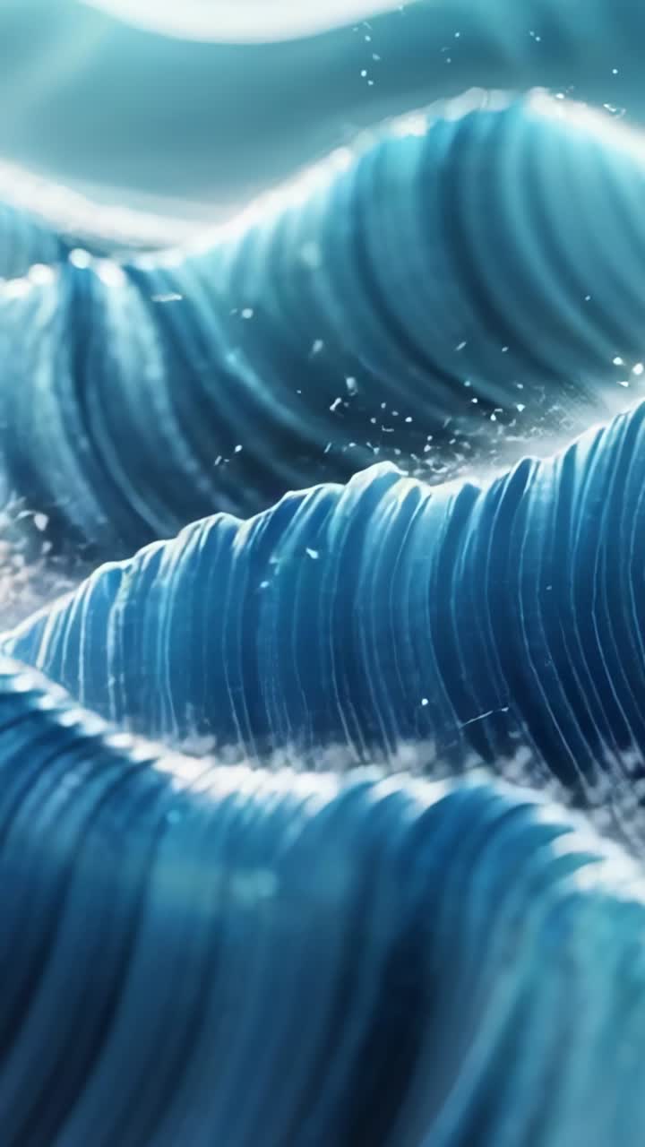 Vertical video: Opening closeup showing stylized blue waves undulating in seascape, scattering foam