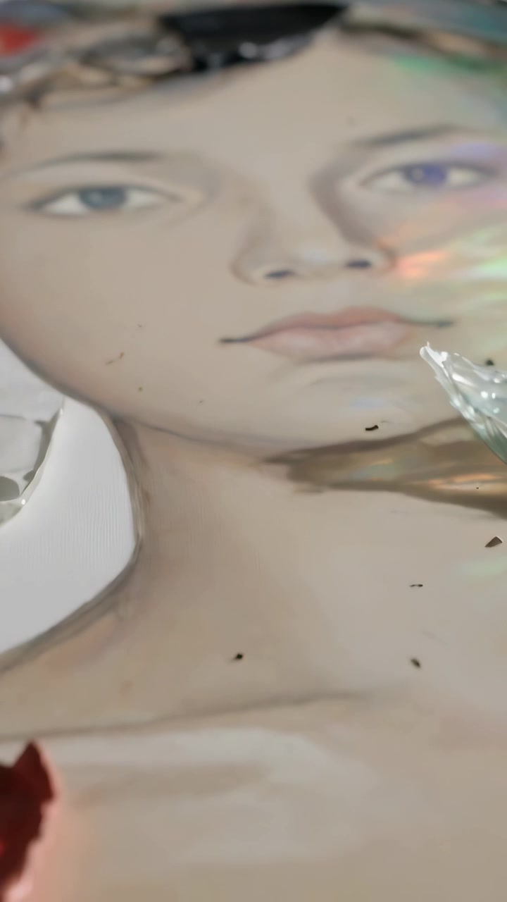 垂直影片：移動鏡頭，展現桌上的畫作，閃爍著彩虹光芒和清晰的工具。