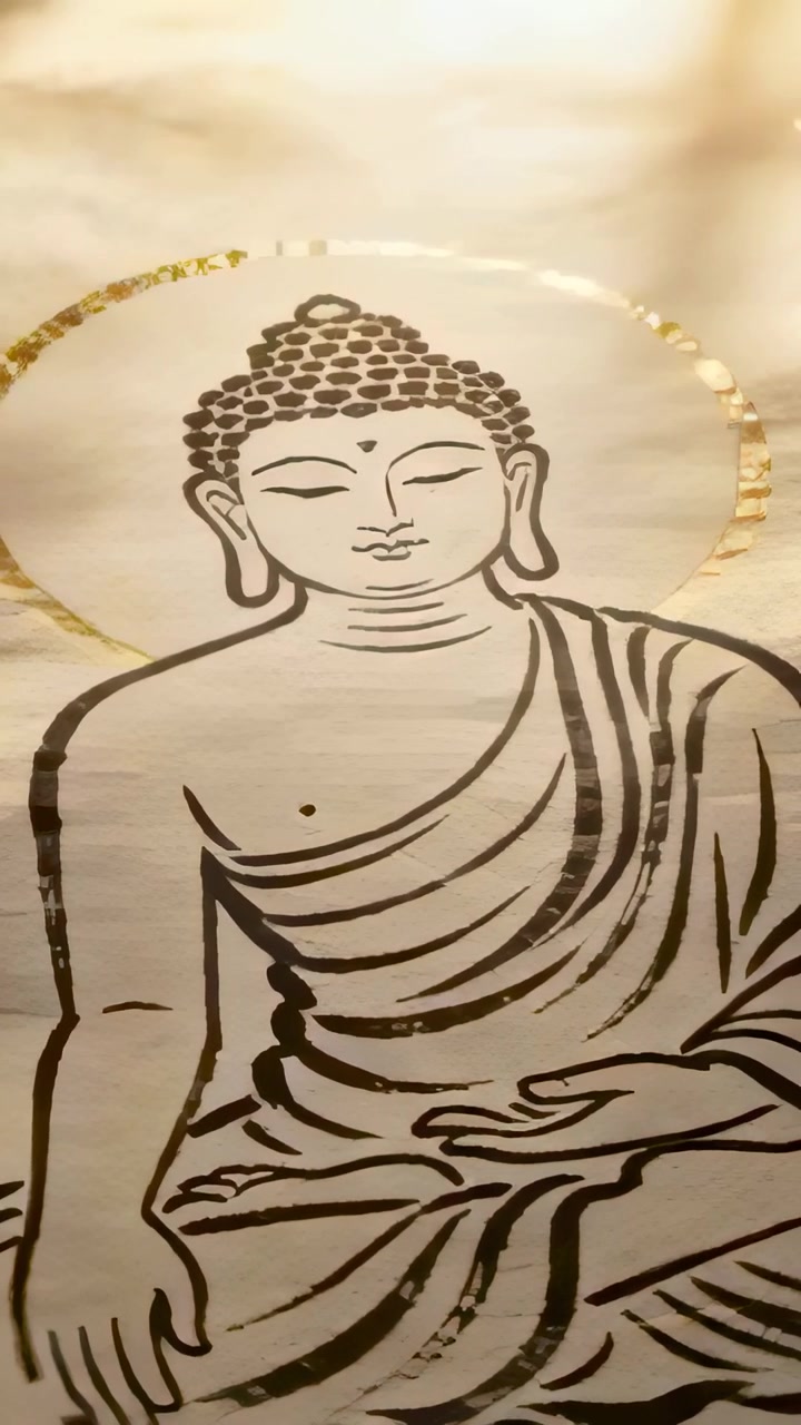 Video verticale: La telecamera si allontana rivelando un'opera d'arte su carta color crema che mostra la veste del Buddha e un'aureola dorata.