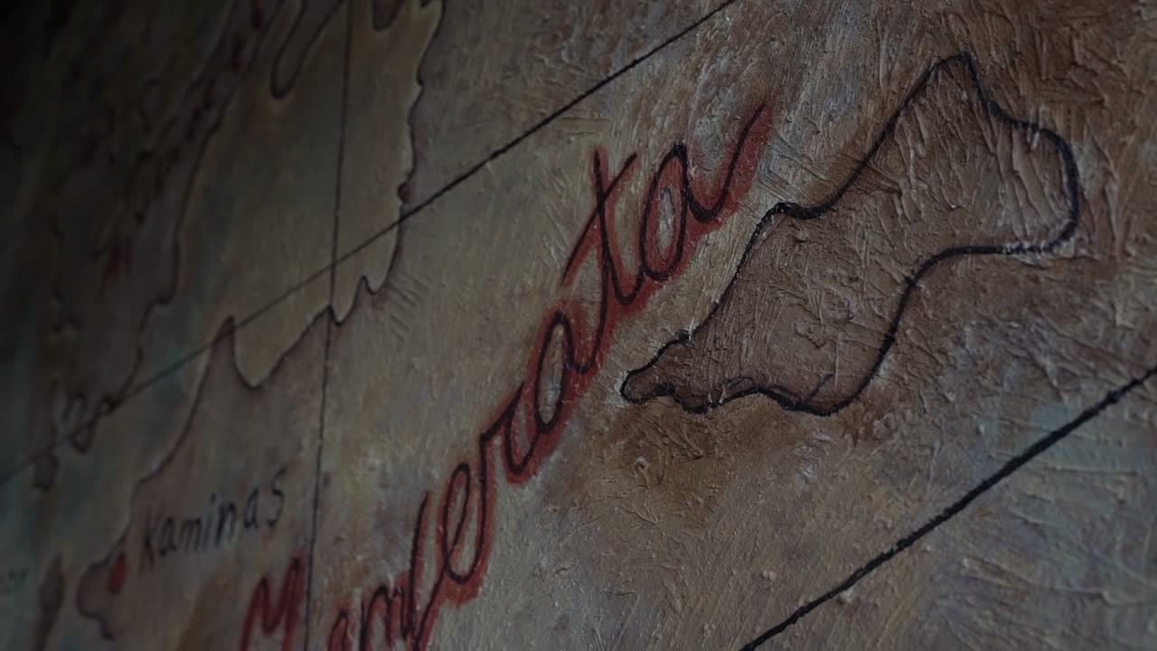 View of an ancient map on a wall, close up shot