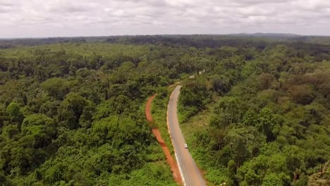 aerial drone view over a road, in the jungle, on a sunny day, in nanga eboko, haute-sanaga, southern cameroon