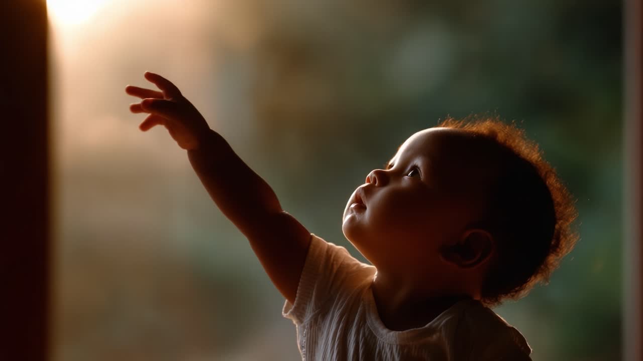 A Curious Baby Reaches for the Light: Capturing a Moment of Wonder and Innocence in a Warm, Soft Glow, Evoking Feelings of Joy and Exploration