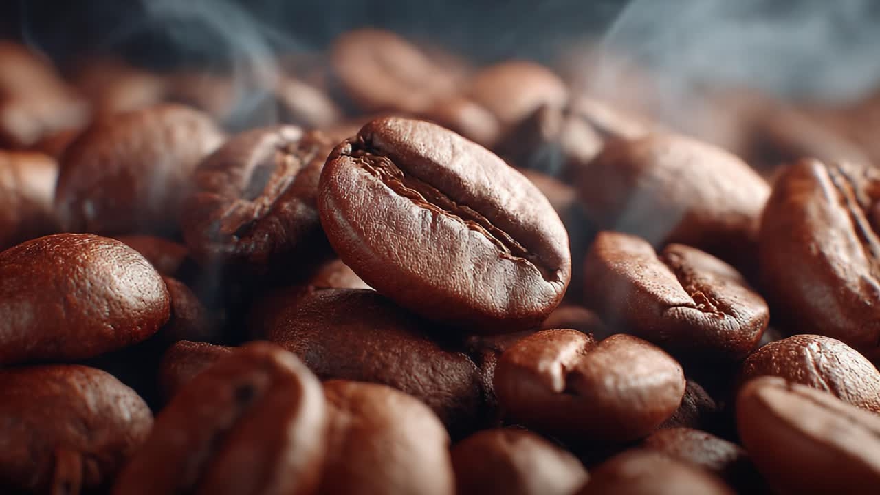 Et nærbillede af friskristede kaffebønner, der indfanger deres rige aroma og lækre tekstur med små dampskyer, der stiger op over dem.