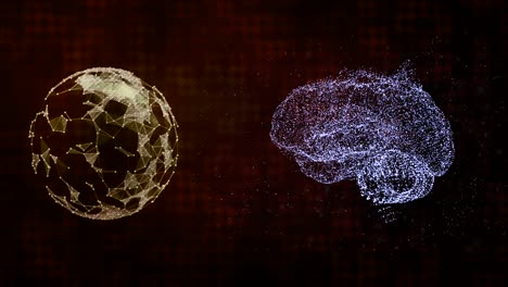 concepto de red global. cerebro humano digital y planeta con múltiples conexiones en la superficie, flotando en el fondo de textura digital oscura.