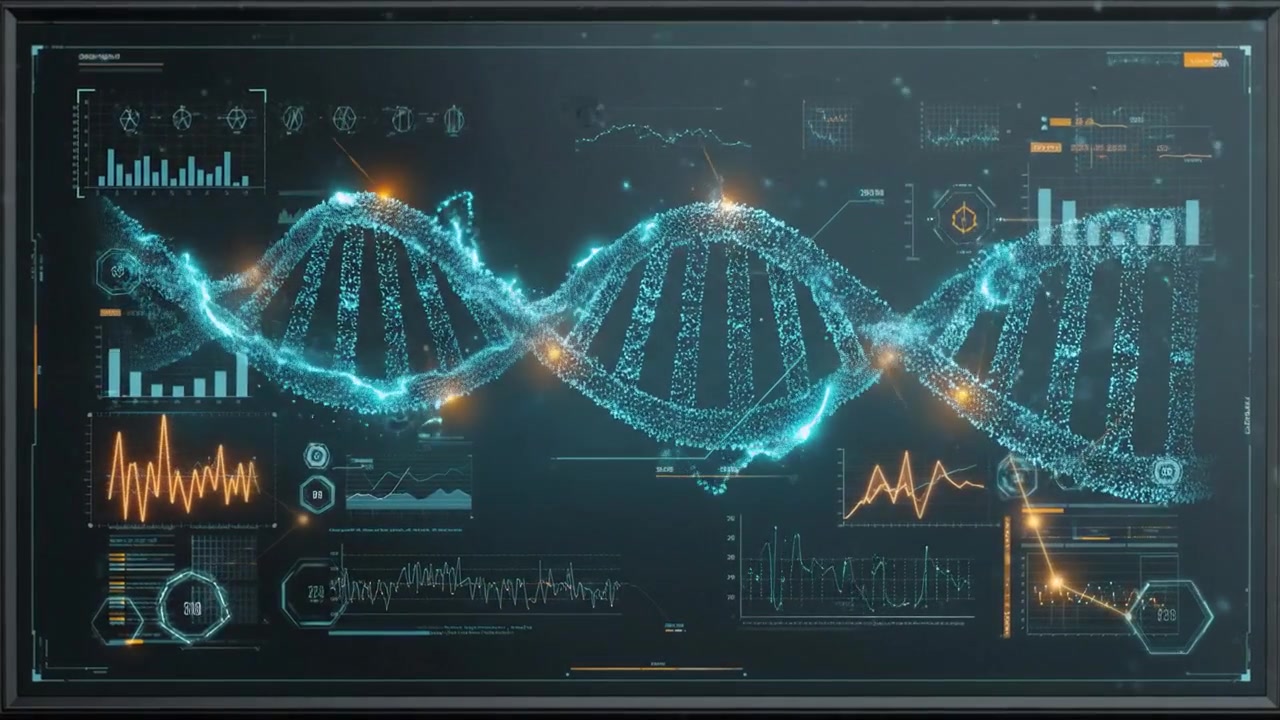 DNA Double Helix Displayed Across a Dark Futuristic Genomic Analysis Screen