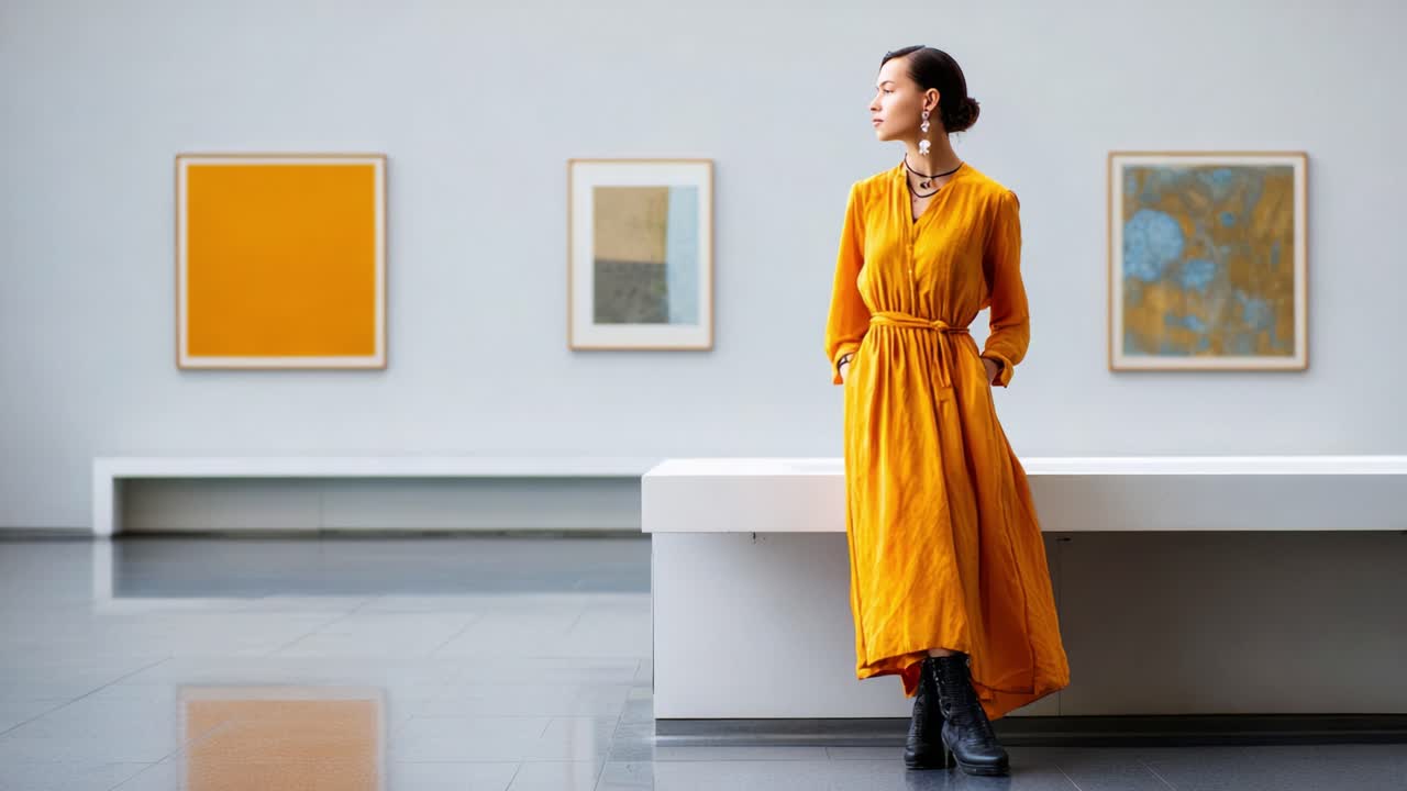 Una donna alla moda con un vivace abito giallo si erge elegante in una galleria d'arte, circondata da dipinti astratti, mostrando stile e apprezzamento per l'arte