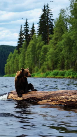 brown bear on log in river