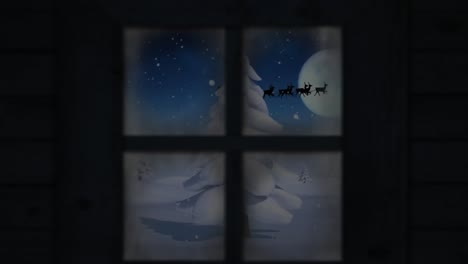 Fenster-Gegen-Schneefall-Und-Weihnachtsmann-Im-Schlitten,-Der-Von-Rentieren-In-Der-Winterlandschaft-Gezogen-Wird